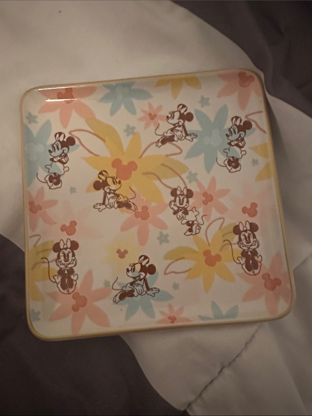 Disney Parks Mickey & Mickey Floral Trinket Dish - Pastel Yellow, Pink & Blue BN